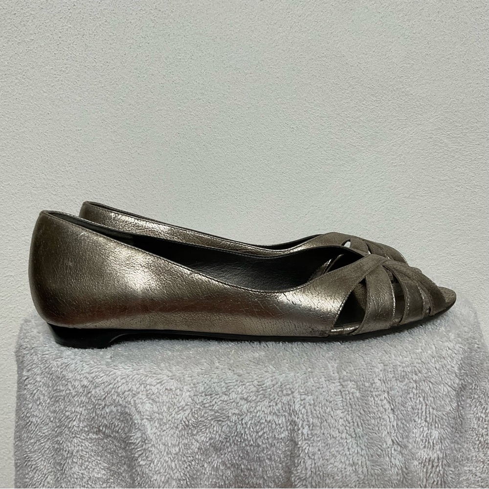 Talbots Stella Silver Crakle Open Toe Flat Dress Shoes Size 9.5 M Work Career